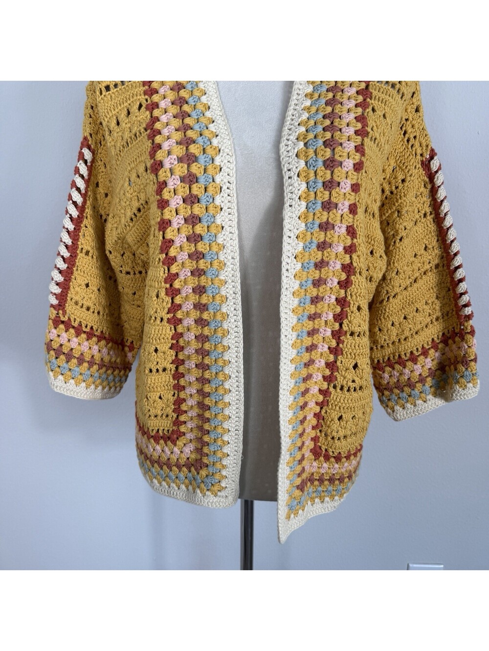 Driftwood Yellow Colorful Crochet Knit Open Cardigan Sweater Boho Festival Large - Picture 2 of 6